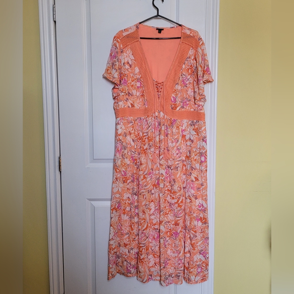 Torrid dress tea length coral orange pink crochet plus size 3X crinkle gauze
